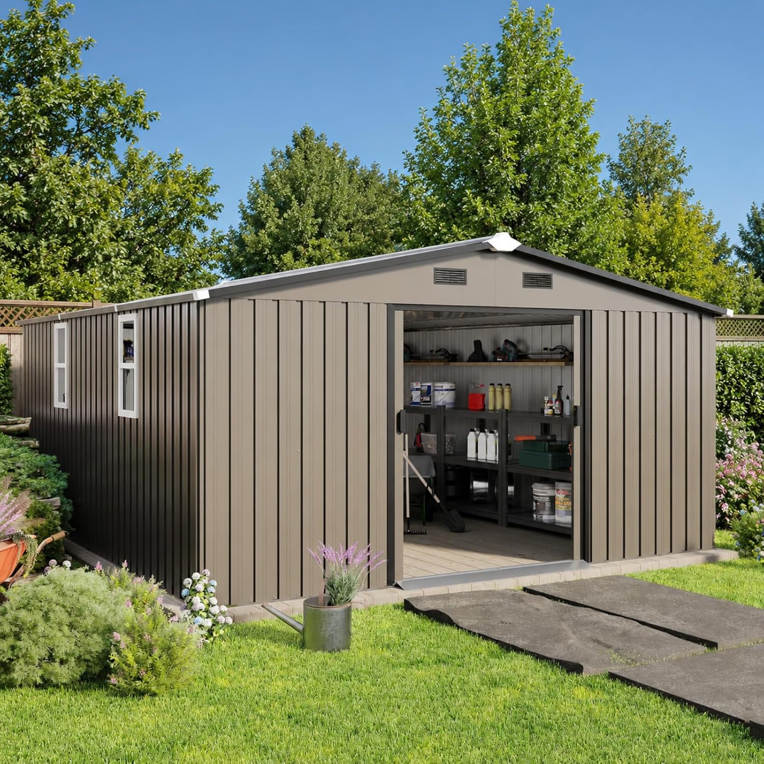 Gardening Tools Storage - โรงเก็บของโลหะ ขนาด 10x12 ฟุต สำหรับกลางแจ้ง ลานหลังบ้าน