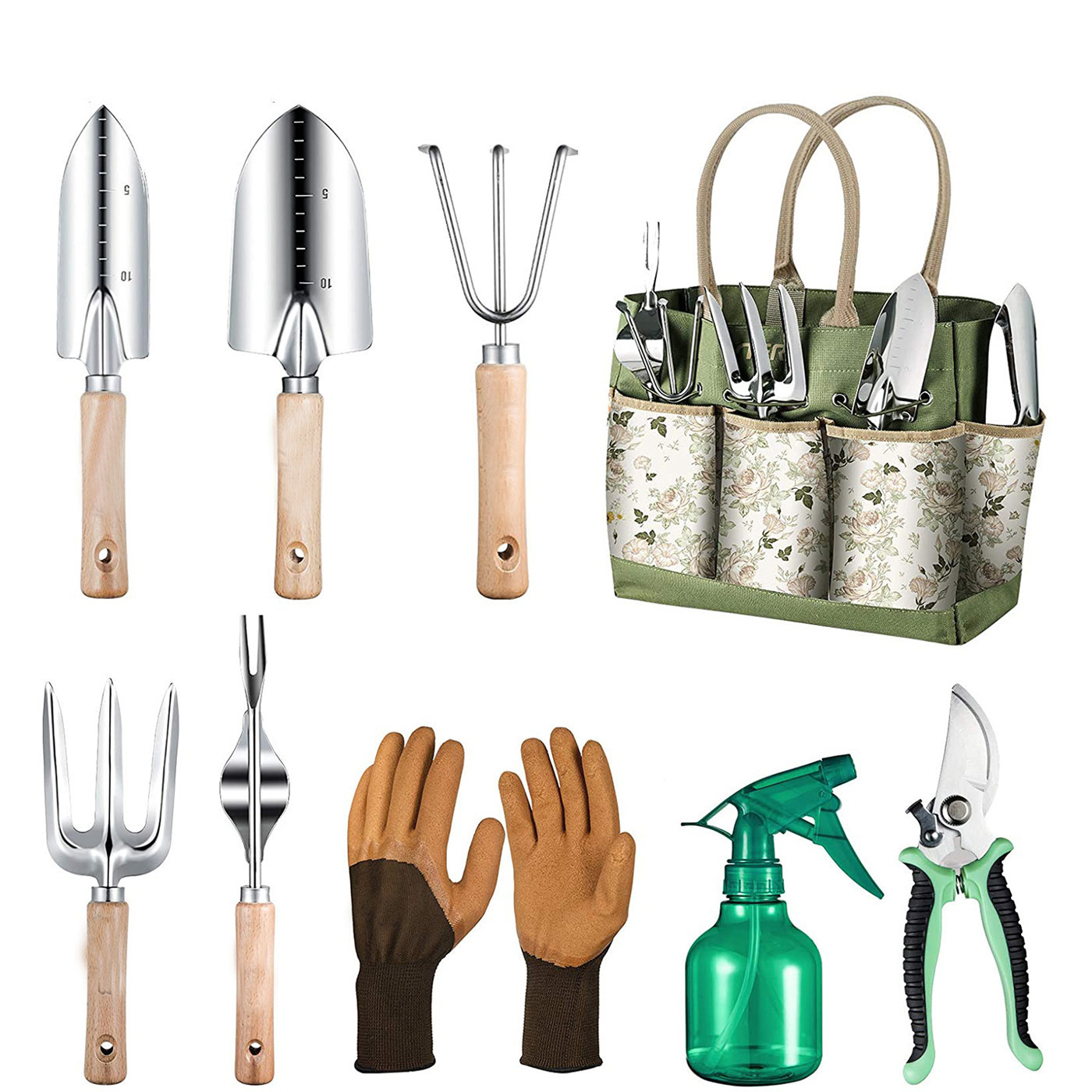 Gardening Tools Women - ชุดเครื่องมือทำสวน 9 ชิ้น พร้อมชุดเครื่องมือช่างสแตนเลสแบบหนาพิเศษ กระเป๋าเก็บของทนทาน ถุงมือยางกันลื่นสำหรับผู้หญิง