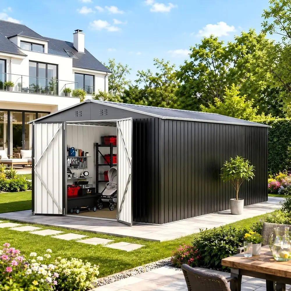 Gardening Tools Storage - โรงเก็บของโลหะกลางแจ้งที่ทนทาน - สามารถล็อคได้ กันน้ำ สำหรับเก็บเครื่องมือ อุปกรณ์