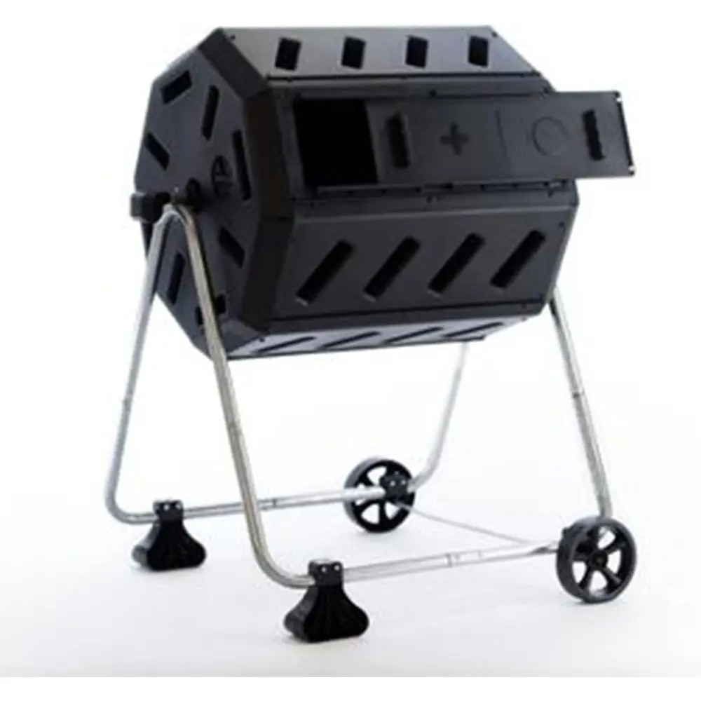 Compost Bin - ถังหมักปุ๋ยแบบหมุนได้สองช่องขนาด 37 แกลลอน พร้อมล้อเลื่อน สำหรับใช้งานกลางแจ้ง สีดำ
