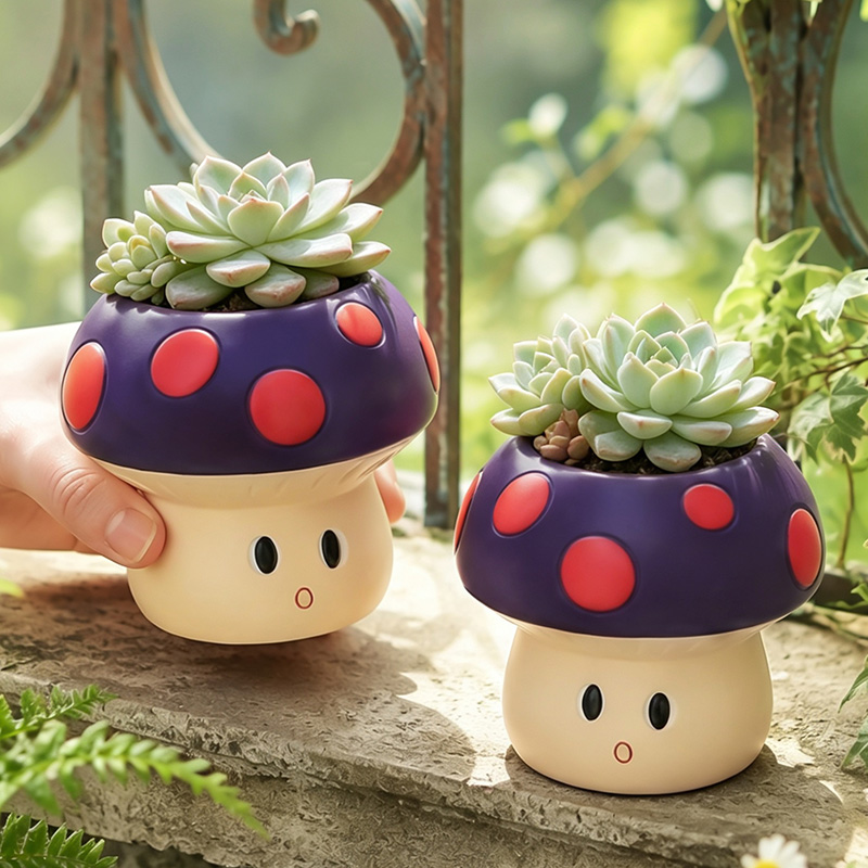 Gardening Tools Cute - กระถางต้นไม้เรซินรูปเห็ดการ์ตูนน่ารัก สำหรับปลูกไม้อวบน้ำและกระบองเพชรขนาดเล็ก ตกแต่งโต๊ะทำงาน ขอบหน้าต่าง ระเบียง ของตกแต่งบ้าน